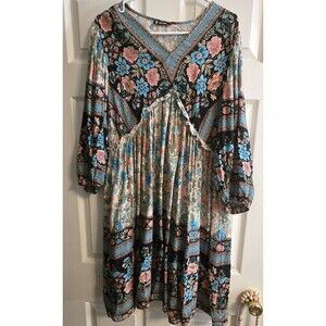 BTFBM Women Dress  Long Sleeve Floral Sz M Multi-Color Boho Pleated